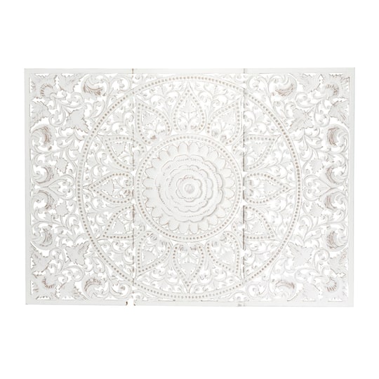 White Wood Handmade Intricately Carved Floral Wall Decor with Mandala Design Set of 3 22&#x22;, 48&#x22;